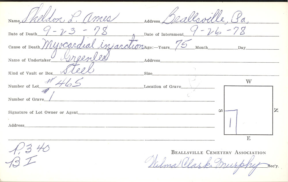 Sheldon Leroy Ames burial card